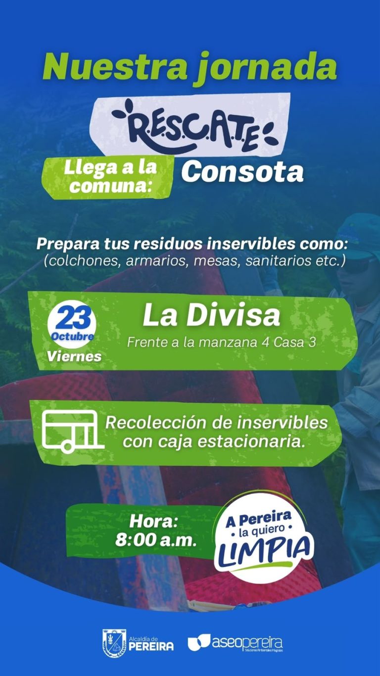 Jornada R.E.S.C.A.T.E. en la comuna Consota, barrio La Divisa (frente a la manzana 4 casa 3), viernes 23 de octubre. Recolección de inservibles con caja estacionaria desde las 8:00 a. m.