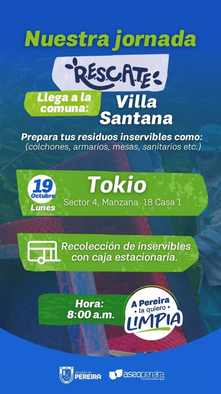 Jornada R.E.S.C.A.T.E. en la comuna Villa Santana, barrio Tokio (sector 4, manzana 18 casa 1), lunes 19 de octubre. Recolección de inservibles con caja estacionaria desde las 8:00 a. m.